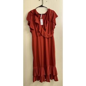 NY Collection Rust Ruffle Midi Dress Size L